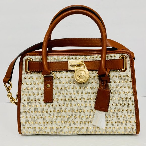 MICHAEL KORS HAMILTON STUDDED VANILLA AND GOLD SATCHEL WITH DUST BAG - Picture 2 of 14